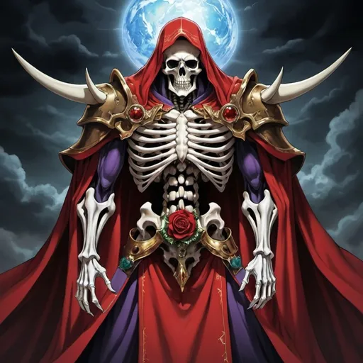 Prompt: Ainz Ooal Gown un Overlord una criatura esquelética q tiene un orbe rojo oscuro flotando debajo de sus costillas que emanan una sensación de temor usando una ropa tradicional se convirtió en un Overlord, un ser supremo que trasciende las limitaciones mortales. Su conexión con la energía demoníaca divina se fortaleció, permitiéndole usarla para comunicarse de manera sobrenatural.