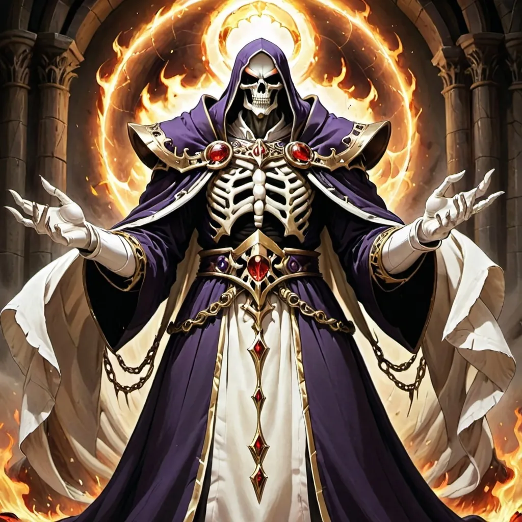 Prompt: Ainz Ooal Gown una criatura esquelética se convirtió en un Overlord, un ser supremo que trasciende las limitaciones mortales. Su conexión con la energía demoníaca divina se fortaleció, permitiéndole usarla para comunicarse de manera sobrenatural.