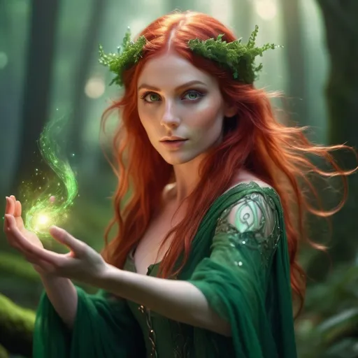 Prompt: Small (female elf) with vibrant green skin, flowing light red hair, captivating green eyes, right hand raised, surrounded by magical energy swirling around it, ethereal glow, enchanted forest backdrop, soft mist lingers, enchanting ambiance, magical atmosphere, (highly detailed), 4K resolution, full of (whimsy) and (mystique).