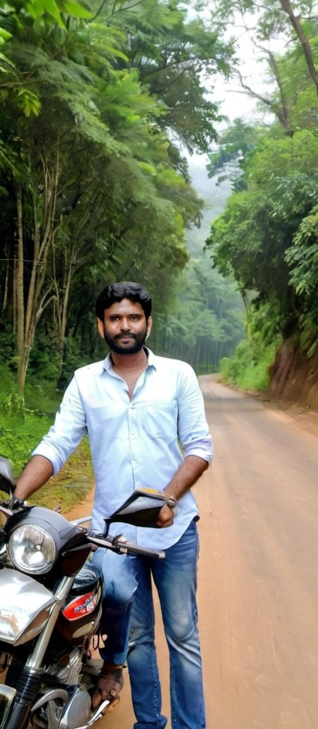 Prompt: a man standing next to a motorcycle on a road in the woods with trees in the background and a motorbike parked on the side of the road, Bholekar Srihari, samikshavad, jayison devadas, a picture