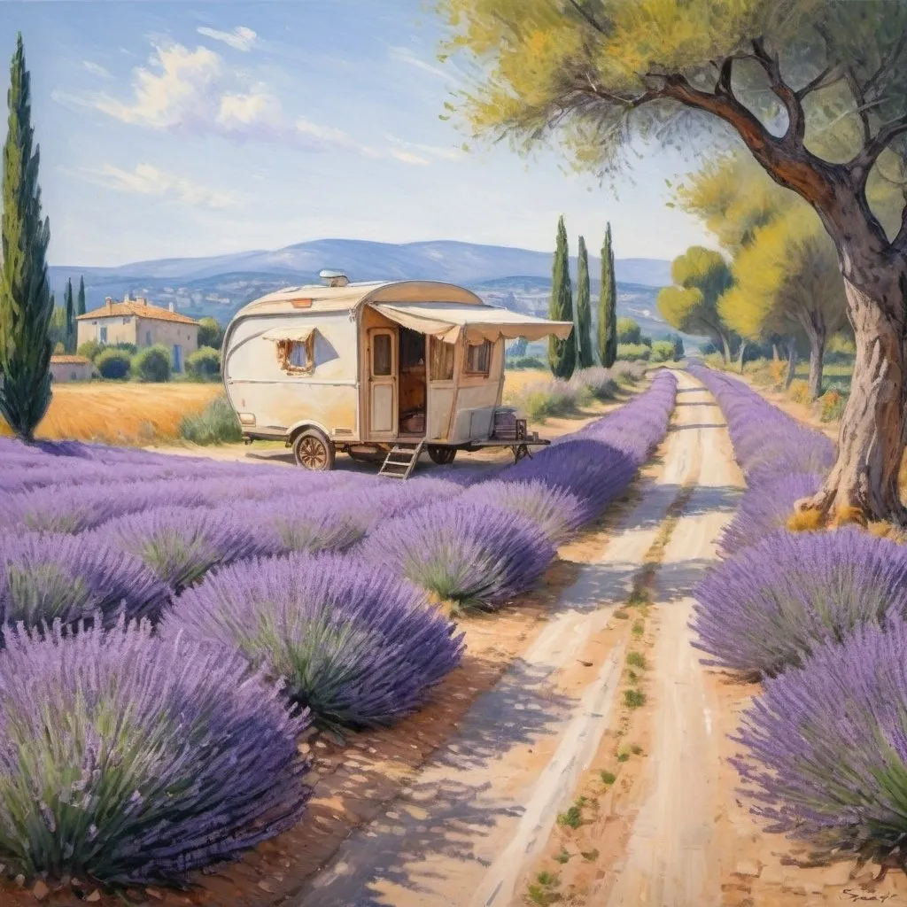 Prompt: Draw me a beautiful place in Provence in the style of Monet with a light bloom of lavender and a paved road with a large caravan on it