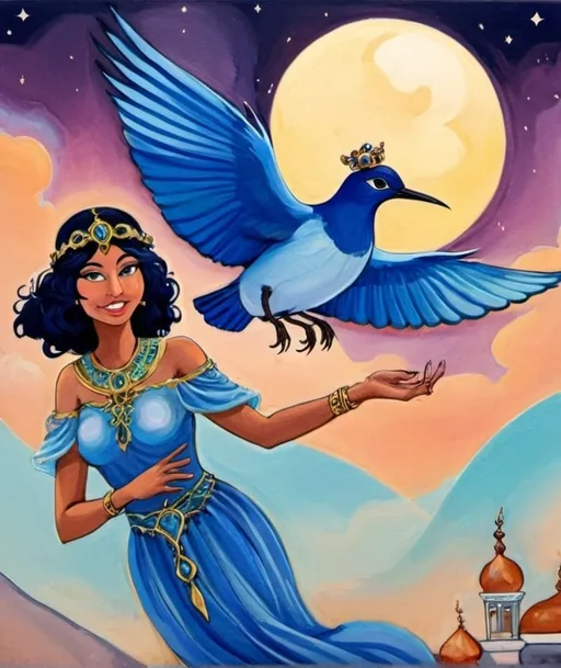 Prompt: 3 magical blue birds flying with a lady illustration, Arabian Nights vibe. Background is sky. Art style is art nouveau. Looks like it is painted on canvas. Natural scenery. No framing. Add red and green colors