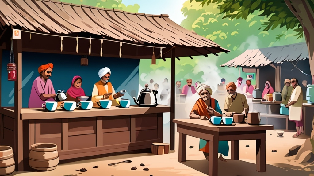 Prompt: A detailed image of the entire tea stall scene in an Indian village. Ramesh, Suresh, and Pinky are sitting on wooden benches with cups of tea. The tea stall has a small counter with a steaming kettle, and a few wooden stools are scattered around. The background shows villagers in traditional attire, creating a lively and rustic ambiance.