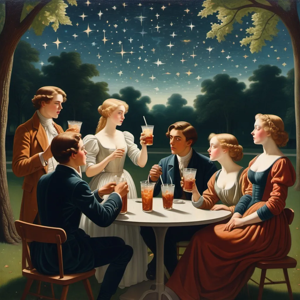 Prompt: a group of people drinking drinks and drinking sodas together in a park with stars on the background and a picture of a group of people drinking, Fletcher Martin, aestheticism, promotional image, a renaissance painting