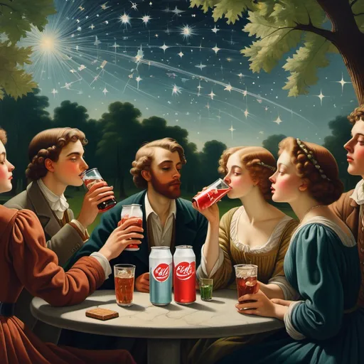 Prompt: a group of people drinking drinks and drinking sodas together in a park with stars on the background and a picture of a group of people drinking, Fletcher Martin, aestheticism, promotional image, a renaissance painting