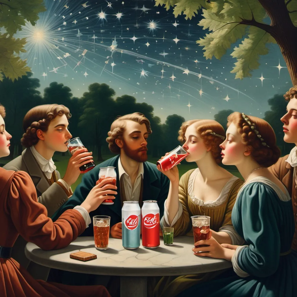 Prompt: a group of people drinking drinks and drinking sodas together in a park with stars on the background and a picture of a group of people drinking, Fletcher Martin, aestheticism, promotional image, a renaissance painting