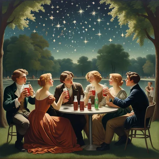 Prompt: a group of people drinking drinks and drinking sodas together in a park with stars on the background and a picture of a group of people drinking, Fletcher Martin, aestheticism, promotional image, a renaissance painting