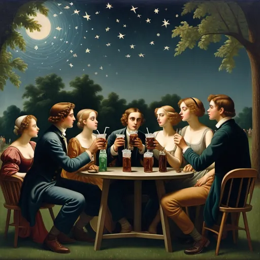 Prompt: a group of people drinking drinks and drinking sodas together in a park with stars on the background and a picture of a group of people drinking, Fletcher Martin, aestheticism, promotional image, a renaissance painting