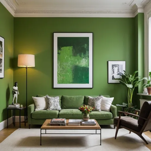 Prompt: A perfect living room with green walls and art work