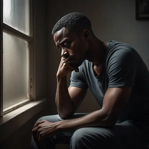 Prompt: (depressed black man), (melancholic expression), somber atmosphere, deep shadows and muted colors, introspective pose, seated in a dimly lit room, soft light filtering through a window, sense of isolation, contemplative mood, high definition, ultra-detailed.