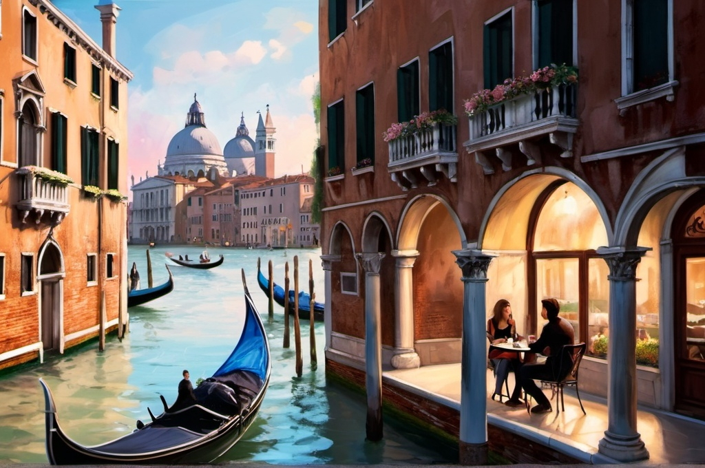 Prompt: Romantic Venice, Lovers , Cafe, gondola
