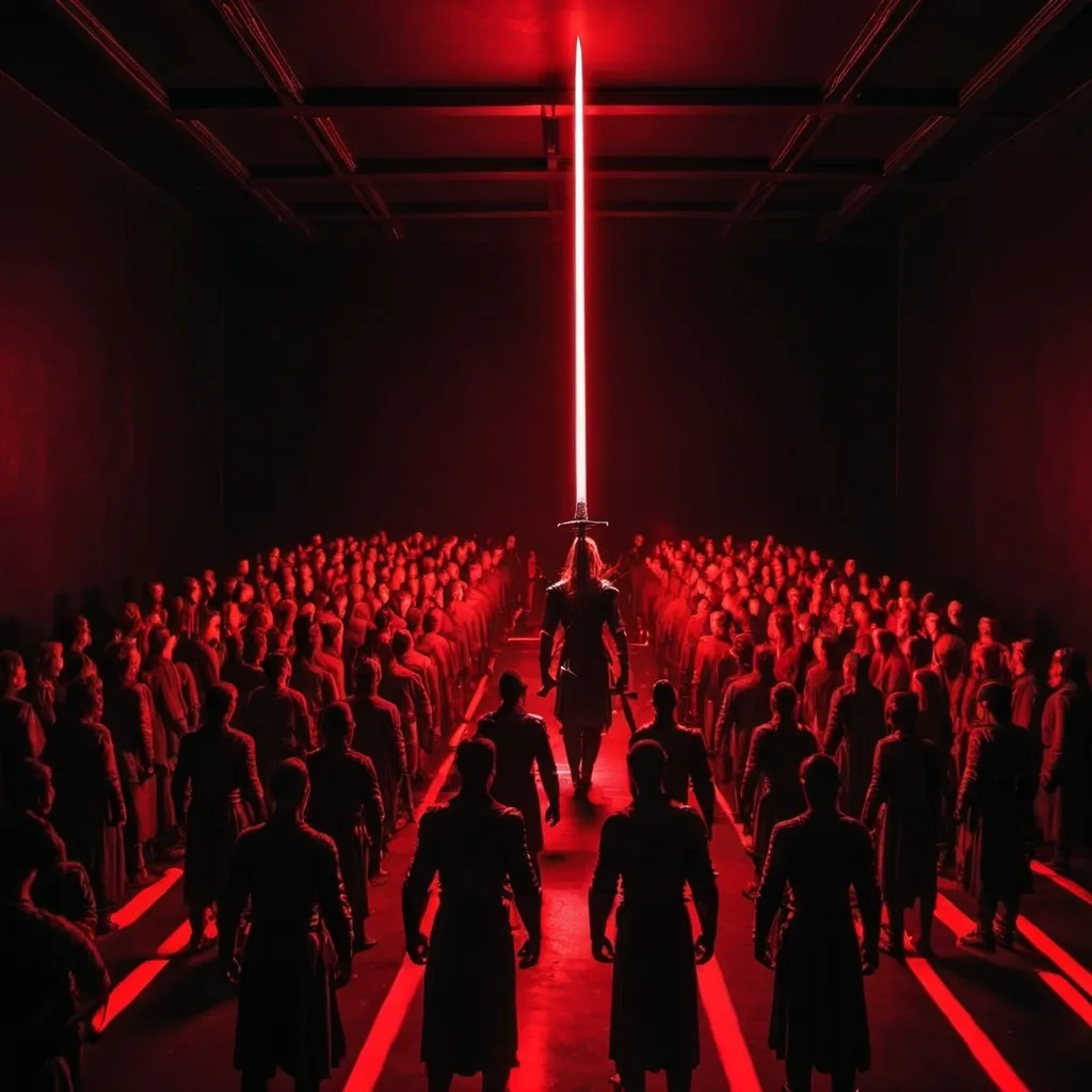 Prompt: in a black room with red lights 100 people holding  long sword