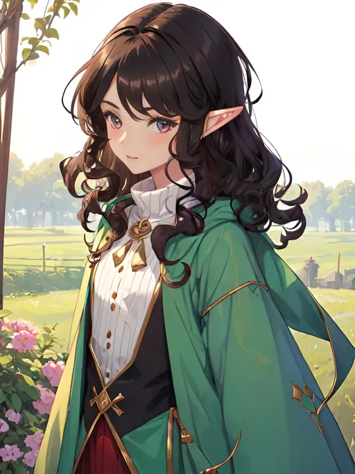 Prompt: short dark hair femenine male elf, cute, perfect face, young, dressed up as a farmer, brown eyes, 8k, farm background, unfeminine, pelo despeinado, curly hair, dressed in male clothes, hears behind the hair, male complexion