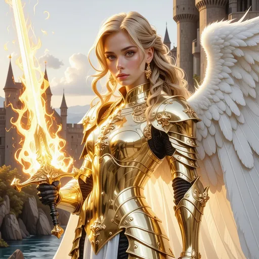 Prompt: anime_style, full body portrait, a lady, golden armor suit, golden hair, high detailed beautiful eyes, wielding flaming sword, white angel wings, castle back ground, ultra-fine details, ambient lighting, soft glow, elegant, symmetrical facial features, accurate anatomy, high detailed face, high_resolution, highly_detailed, digital_painting, HDRI, masterpiece, smooth, sharp_focus, Unreal Engine 5, illustration,