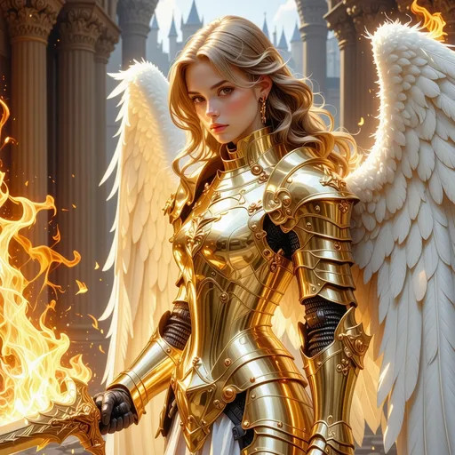 Prompt: anime_style, full body portrait, a lady, golden armor suit, golden hair, high detailed beautiful eyes, wielding flaming sword, white angel wings, castle back ground, ultra-fine details, ambient lighting, soft glow, elegant, symmetrical facial features, accurate anatomy, high detailed face, high_resolution, highly_detailed, digital_painting, HDRI, masterpiece, smooth, sharp_focus, Unreal Engine 5, illustration,