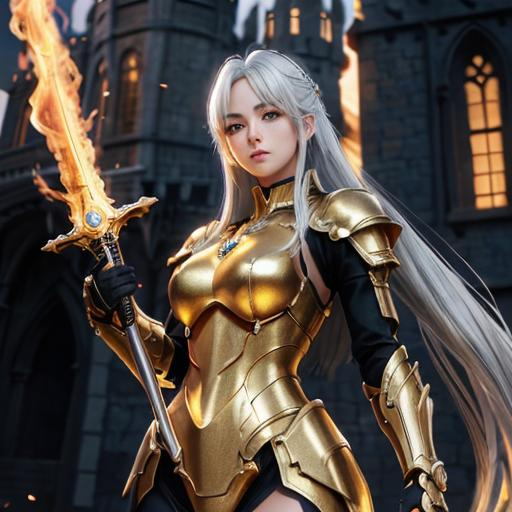 Prompt: anime_style, full body portrait, a lady, golden armor suit, silver hair, high detailed beautiful eyes, wielding flaming sword, castle back ground, ultra-fine details, ambient lighting, soft glow, elegant, symmetrical facial features, accurate anatomy, high detailed face, high_resolution, highly_detailed, digital_painting, HDRI, masterpiece, smooth, sharp_focus, Unreal Engine 5, illustration