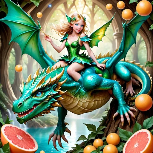 Prompt: It’s stunning image of a beautiful woman, riding a dragon, golden scales with blue eyes and a green nose with the fairy dust, all around fairies, flying everywhere in the fairy wonderland of candy and grapefruit