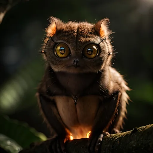 Prompt: Solar elemental Tarsier, hyperrealistic, 928k resolution, hyper-detailed, vibrant colors, intense sunlight, mystical atmosphere, intricate fur details, glowing eyes, magical aura, nature-inspired, professional rendering, high quality