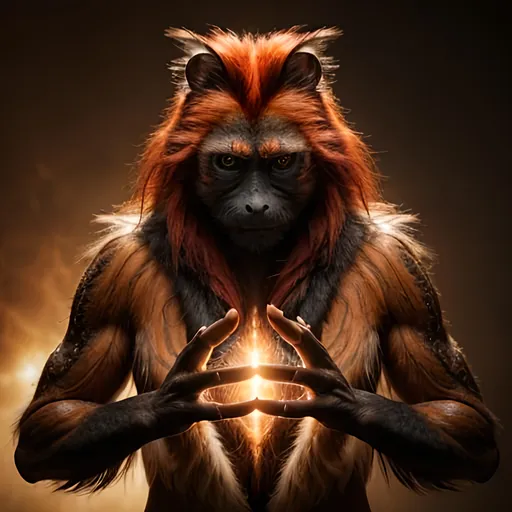 Prompt: Hyperrealistic image of a solar elemental red-handed tamarin, ultra high definition, hyper-detailed, intense sunlight casting warm glow, vivid depiction of fur texture, intricate details of animal's features, vibrant colors, nature-inspired artistic style, warm tones, professional, detailed eyes, realistic shadows, detailed environment