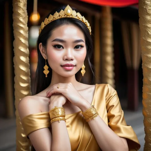 Prompt: Create a pretty fair Thai lady that is wearing a gold bracelet on her wrist