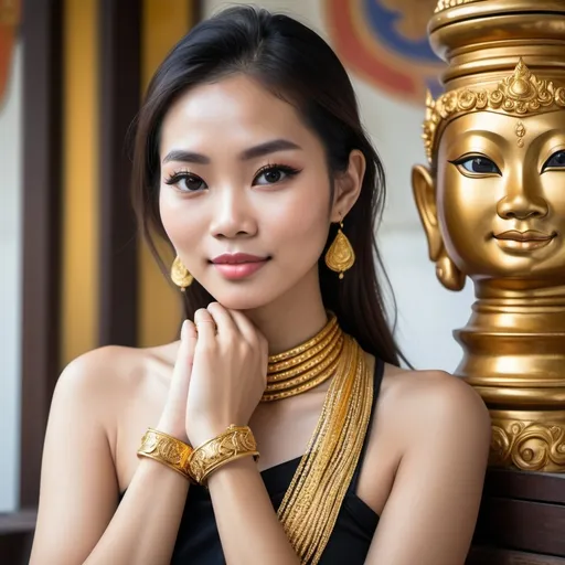 Prompt: Create a pretty fair Thai lady that is wearing a gold bracelet on her wrist