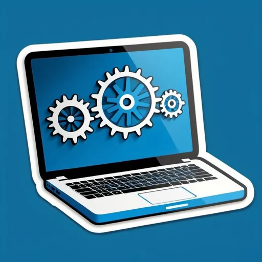 Prompt: High spec Laptop icon with cogs icon on the screen. Blue themed