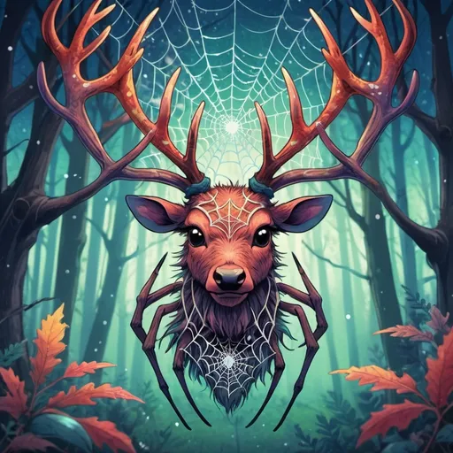 Prompt: Anime-style illustration of a spider with a reindeer head, vibrant and whimsical colors, magical forest setting, intricate web pattern, detailed fur and antlers, enchanting expression, mystical atmosphere, high quality, vibrant colors, whimsical, anime, magical forest, detailed fur, enchanting, mystical atmosphere, intricate details, vibrant and whimsical colors