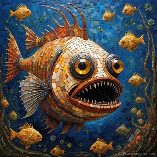 Prompt: I'm supposed to be a Angler Fish...Oil painting, (by Hundertwasser) a close up of a painting of a fish, a mosaic, by Tomek Setowski, trendin...