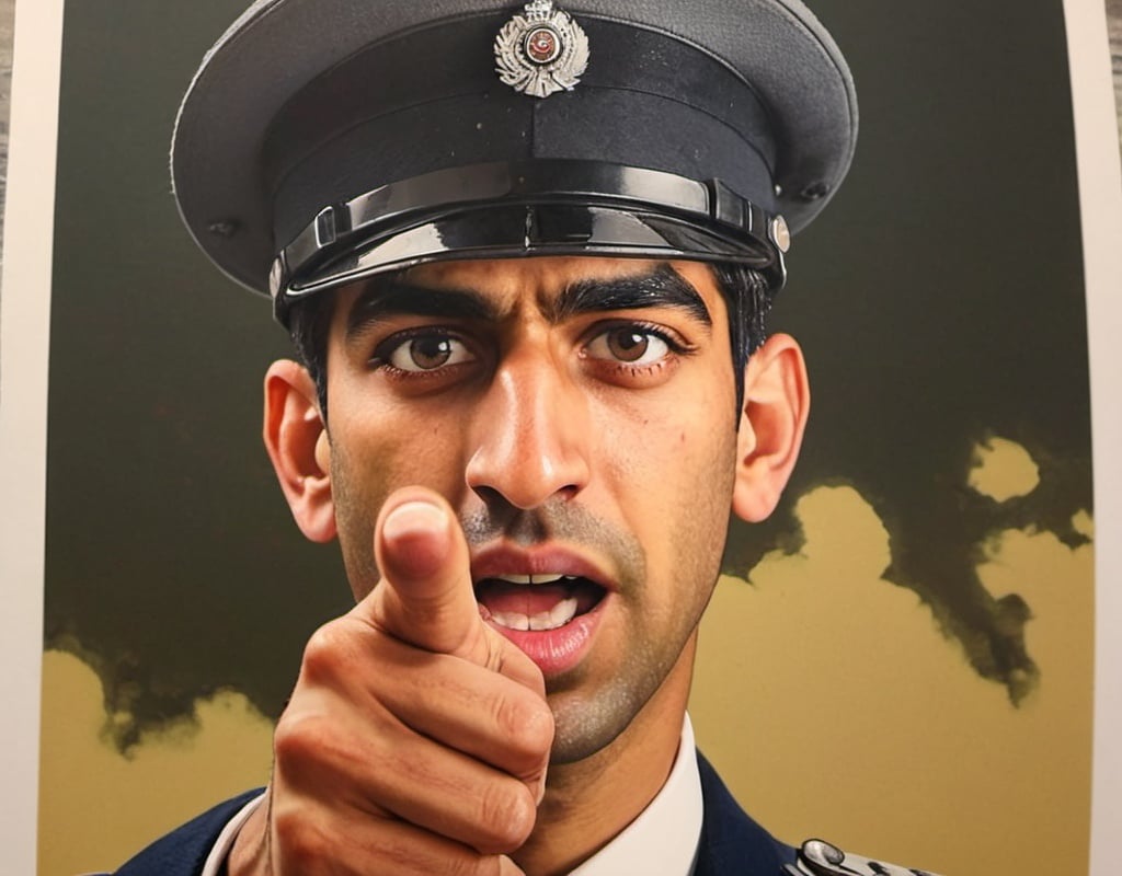 Prompt: a copy of a poster used in ww1 for recruitment propaganda using Rishi Sunak instead  , pointing a finger at the reader , no words or caption