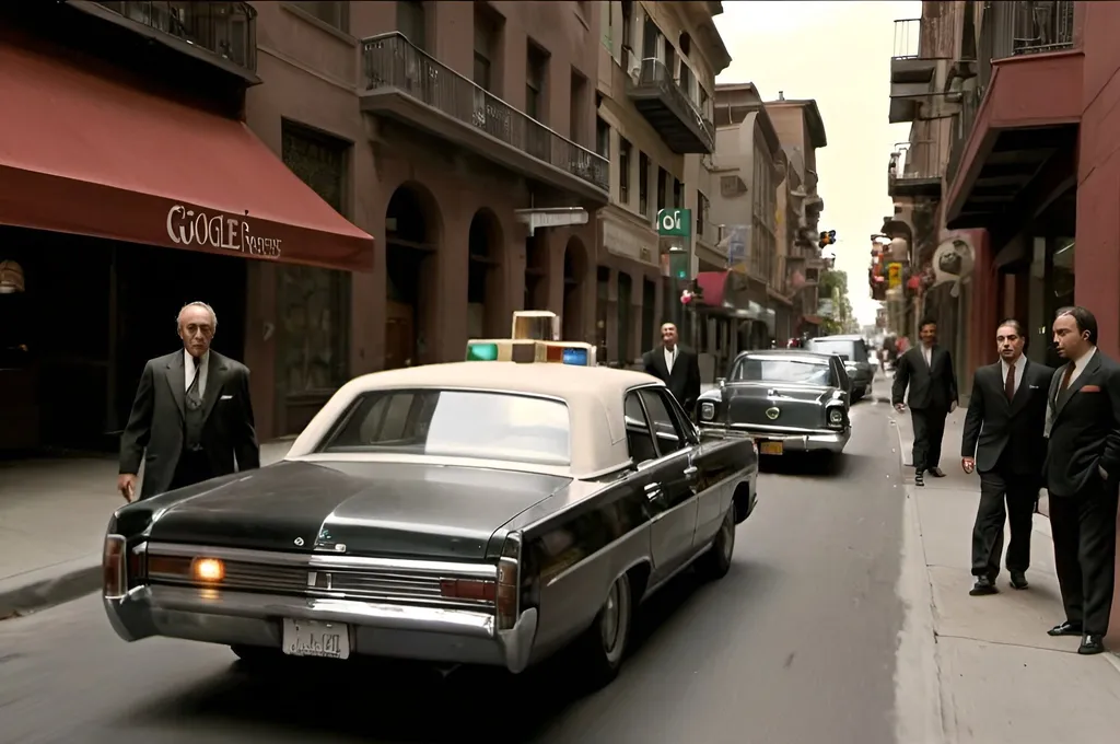 Prompt: Google Street View drive by shooting the Godfather