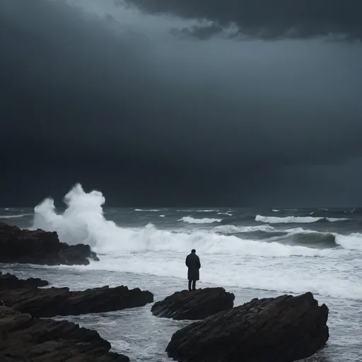 Prompt: A lone observer stands on a rock on the seashore, where the waves are tossing a small boat in the middle of a dark and stormy sea