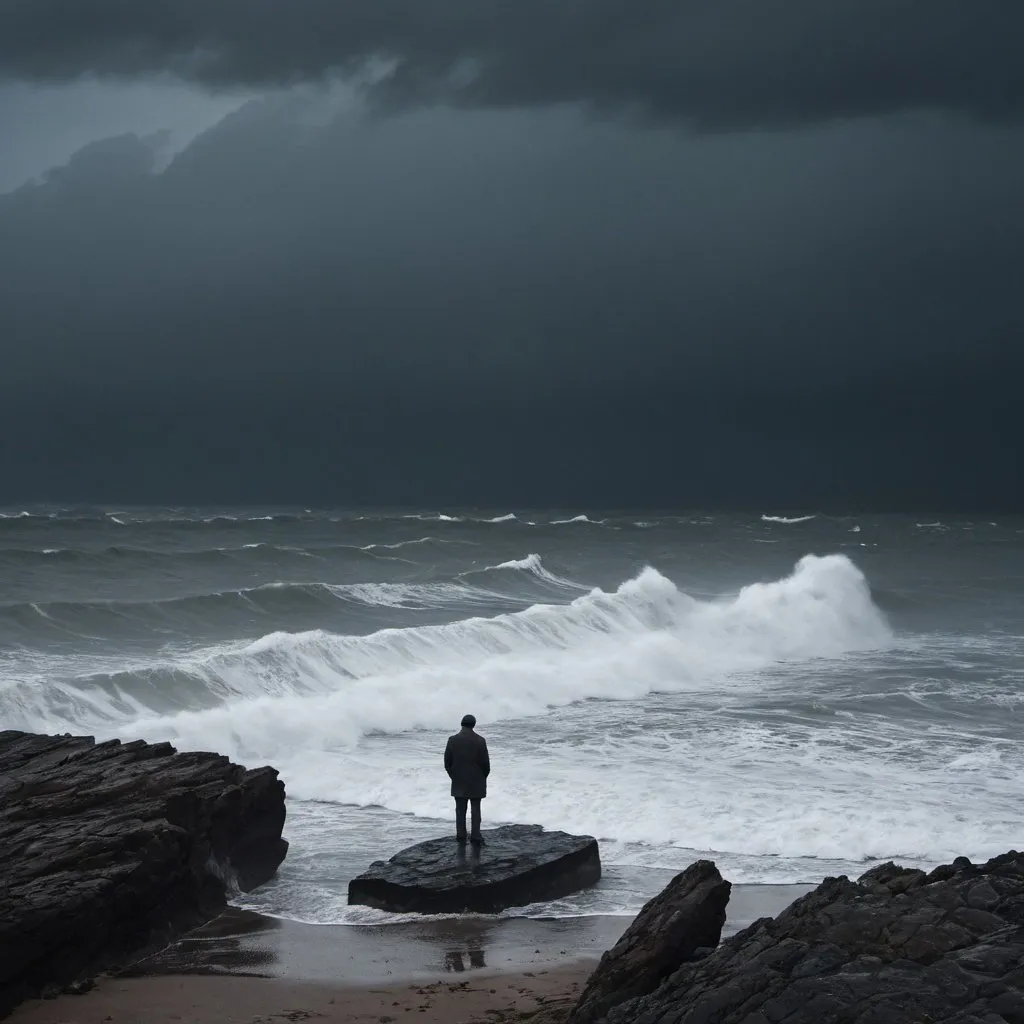 Prompt: A lone observer stands on a rock on the seashore, where the waves are tossing a small boat in the middle of a dark and stormy sea