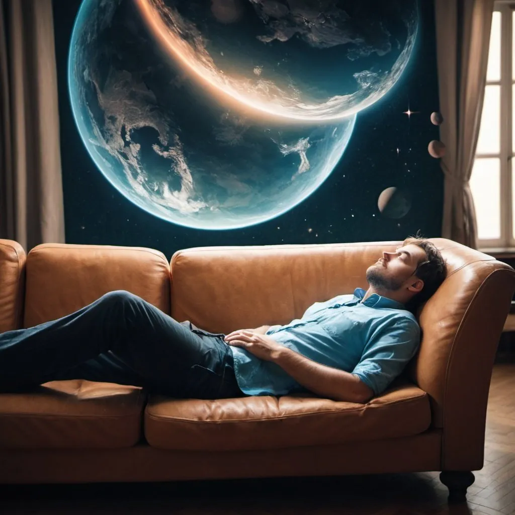 Prompt: Man laying on sofa and dreaming about his phantasy travels between worlds. 