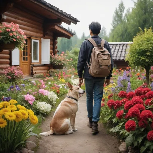 Prompt: Dream traveler come back to home after log way and look tired. He meet his dog near home. There aroud beautiful flower garden.