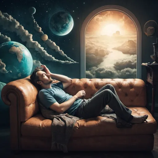 Prompt: Man laying on sofa and dreaming about his phantasy travels between worlds. 