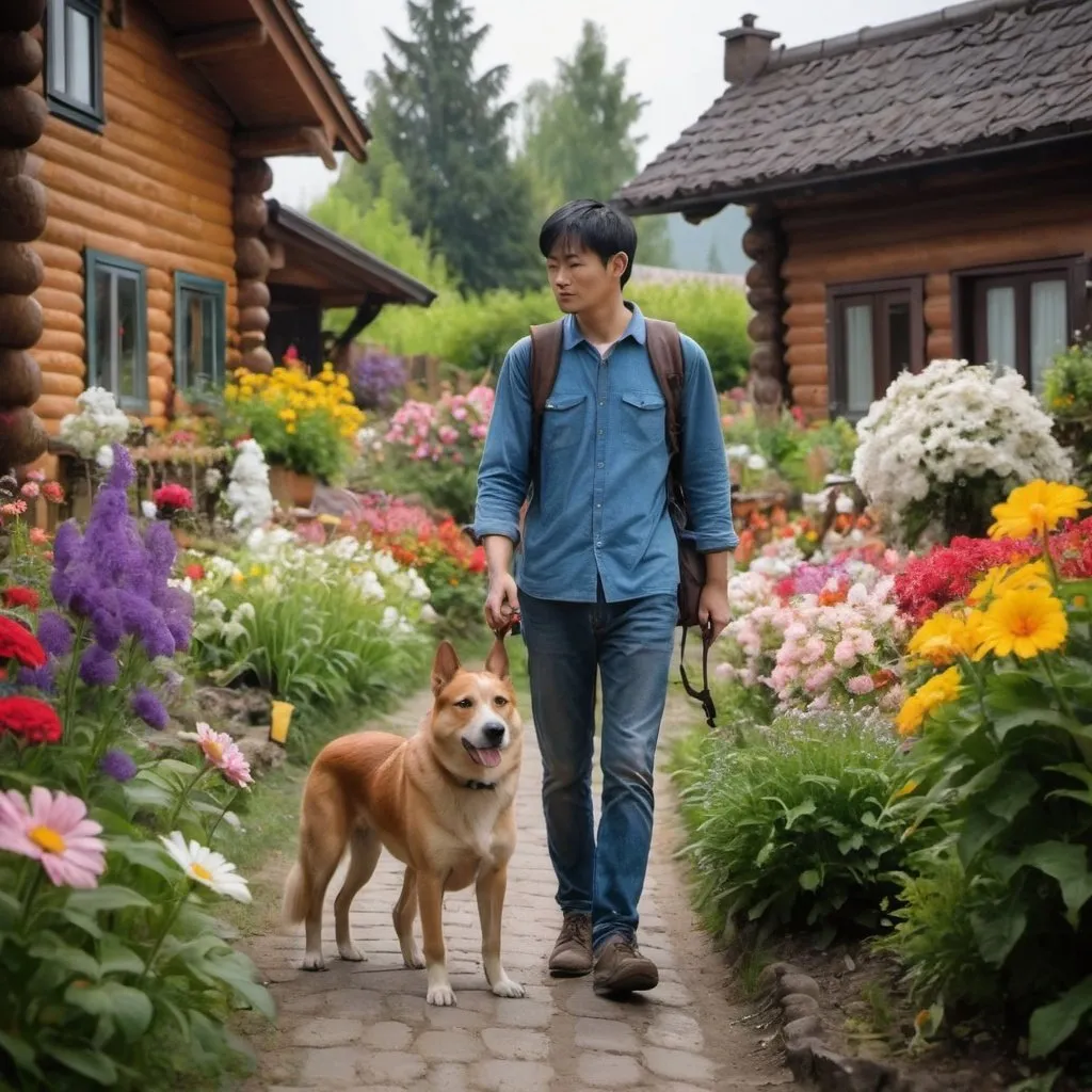 Prompt: Dream traveler come back to home after log way and look tired. He meet his dog near home. There aroud beautiful flower garden.