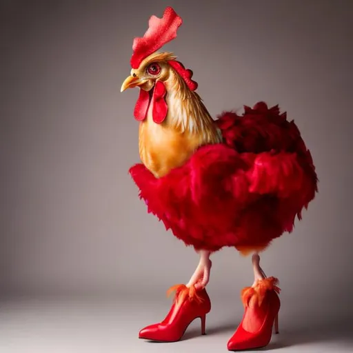 Prompt: Chicken wearing red dress and heels