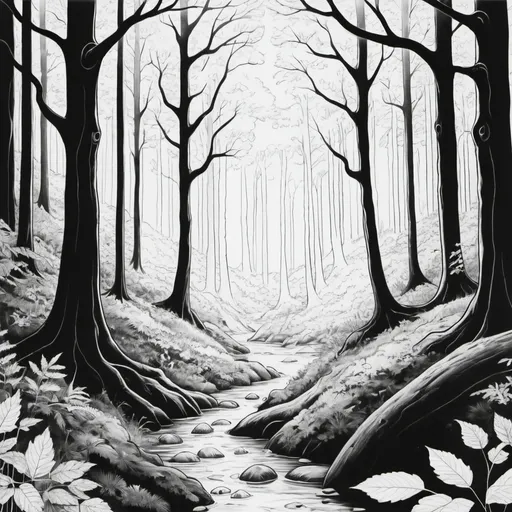 Prompt: I need a black and white picture of a beautiful forest where the outlines of its elements are clear so that children can color it in a coloring book.”