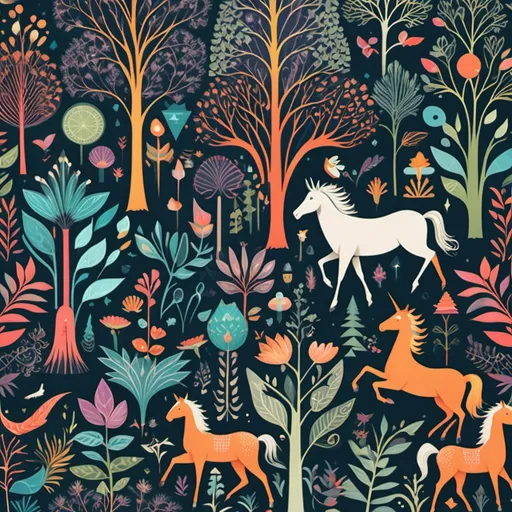 Prompt: 

"Design a vibrant wallpaper that combines whimsical nature elements with intricate geometric patterns. Feature enchanted forests with luminous plants and magical creatures like fairies and unicorns, intertwined with bold geometric shapes such as triangles, hexagons, or circles. Use a harmonious color palette that balances the organic motifs with the structured designs. The style should be illustrative and dreamy, appealing to both children and adults who appreciate fantasy art infused with modern graphic elements."