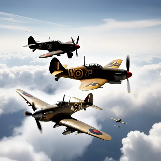 Prompt: “two World War II Fighter , Germany and British , have a dogfight in the sky.”