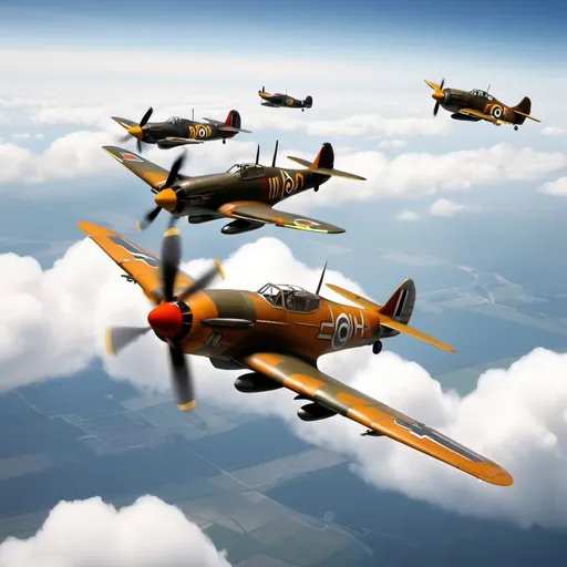 Prompt: “two World War II Fighter , Germany and British , have a dogfight in the sky.”