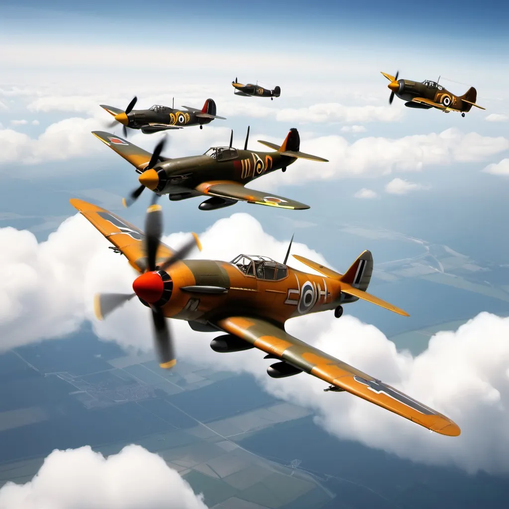 Prompt: “two World War II Fighter , Germany and British , have a dogfight in the sky.”