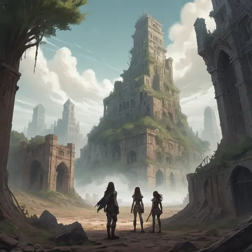 Prompt: A desolate wasteland filled with the ruins of a once-prosperous kingdom. Crumbled buildings and remnants of grand structures are overrun by wild vegetation, lurking monsters, and hidden dungeons. In the foreground, a party of adventurers stands. The leaders stand out as they are two teenagers—a determined girl with long, flowing hair and a boy with a resolute expression. Unbeknownst to them, they are accompanied by a formless, ethereal being with a god-like presence, shimmering with a faint glow. The adventurers are gazing into the distance where a grand and majestic archive, a towering structure that has miraculously survived the decay, awaits them. The sky is overcast, adding a sense of mystique and foreboding to the scene.