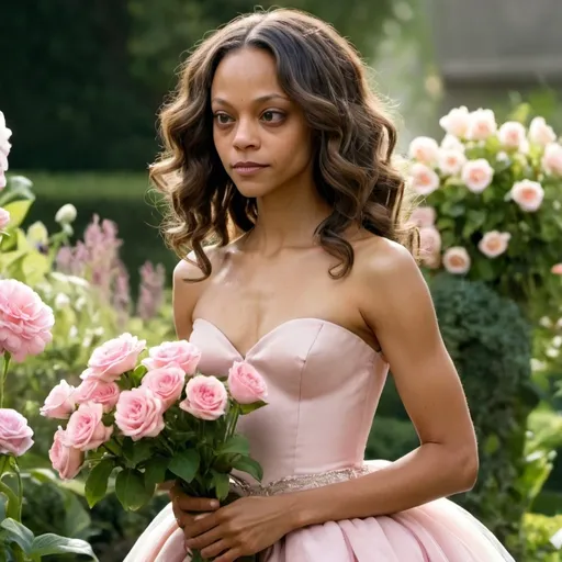 Prompt: Young Zoe Saldana is a princess in a garden with waist length curly brown hair and a light pink gown. She is looking at flowers.