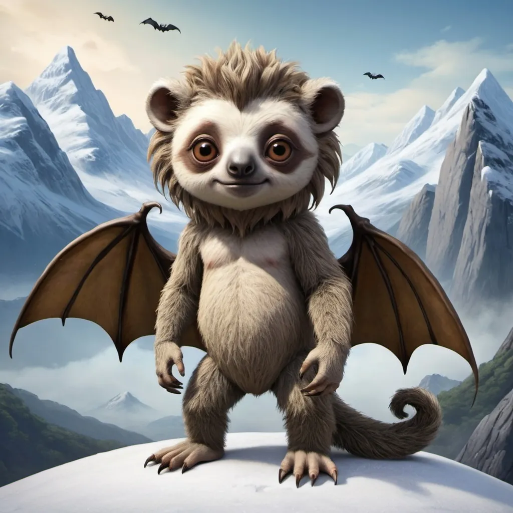 Prompt: I want a monster for my kid, it has a sloth head and face, lion legs, lemur tail and it’s boy has bat wings and snowy mountains on the background 