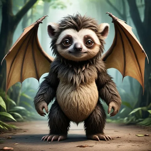 Prompt: I want a monster for my kid, it has a sloth head and face, lion legs, lemur tail and it’s boy has bat wings and under a child’s bed