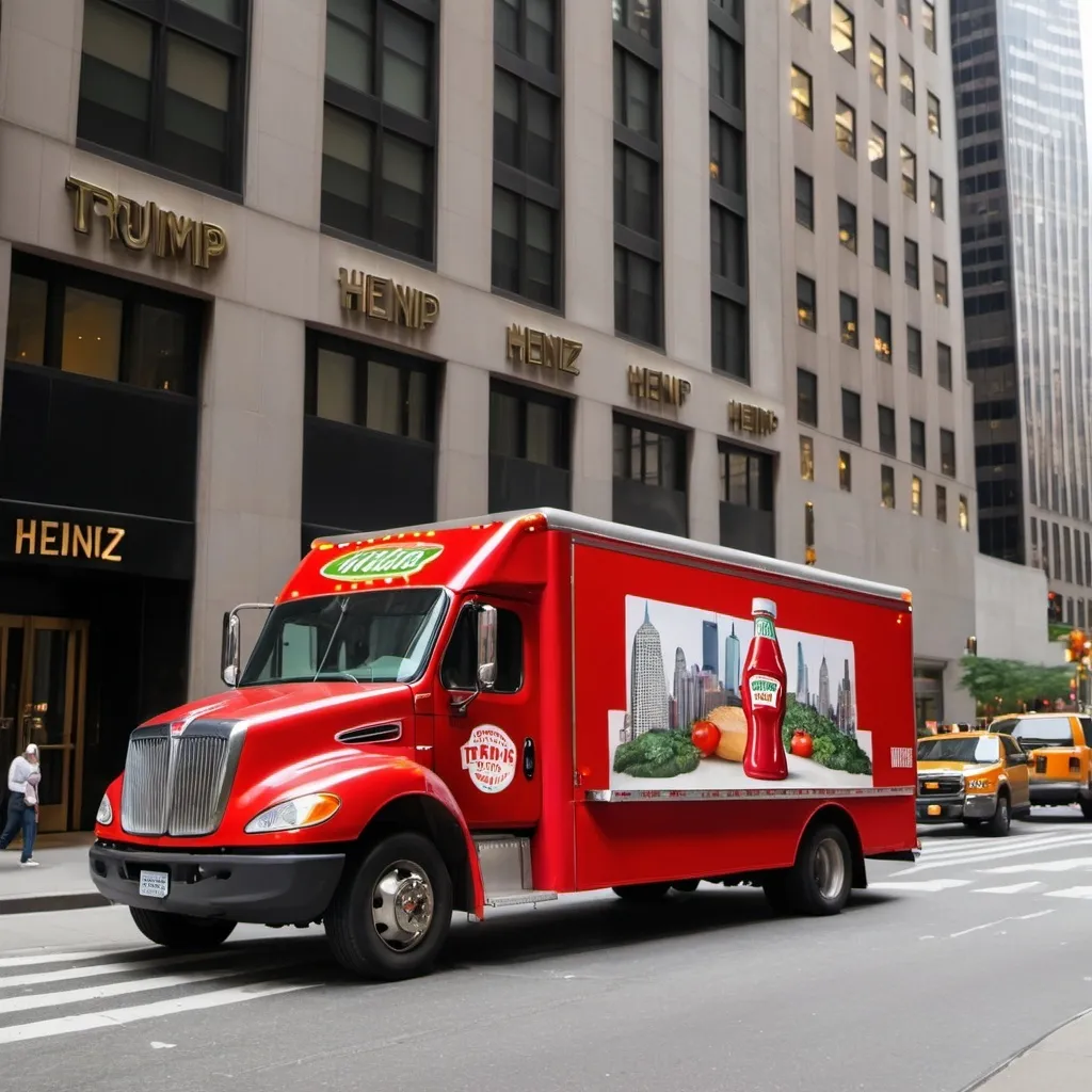 Prompt: Make a picture of a Heinz ketchup truck making a delivery to Trump Tower