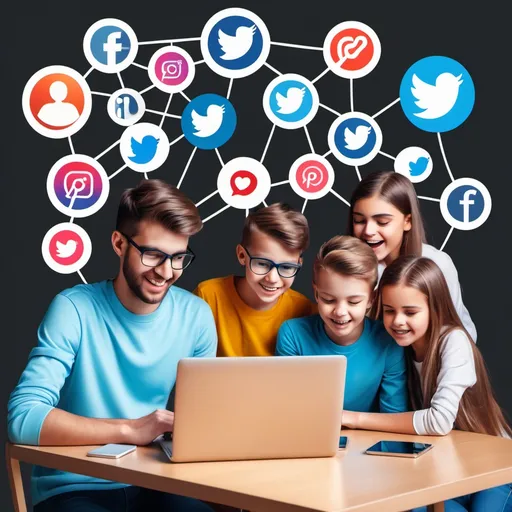 Prompt: generate images like group of boys and girls finding social media tips and tricks on laptop with symbols of social media icons 
