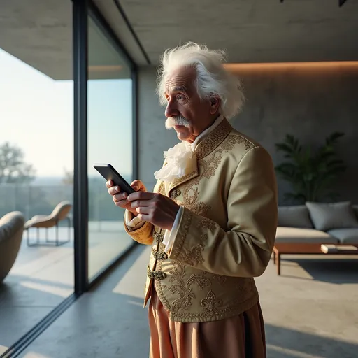Prompt: Albert Einstein, dressed in luxurious Baroque fashion with gold embroidery and layered textures, stands in a modern minimalist living room with clean concrete walls, large glass windows, and sleek furniture. He casually holds a smartphone, gazing at it with curiosity. The art direction blends Baroque Painting and Minimalist Design — featuring chiaroscuro lighting, classical elegance, clean lines, and soft shadows. The overall color grading is dreamy and surreal, using muted pastel tones (lavender, blush pink, soft blue). Shot in a medium close-up with a 15mm lens, in ultra-detailed, cinematic realism