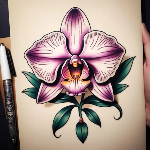 Prompt: traditional tattoo style orchid flower